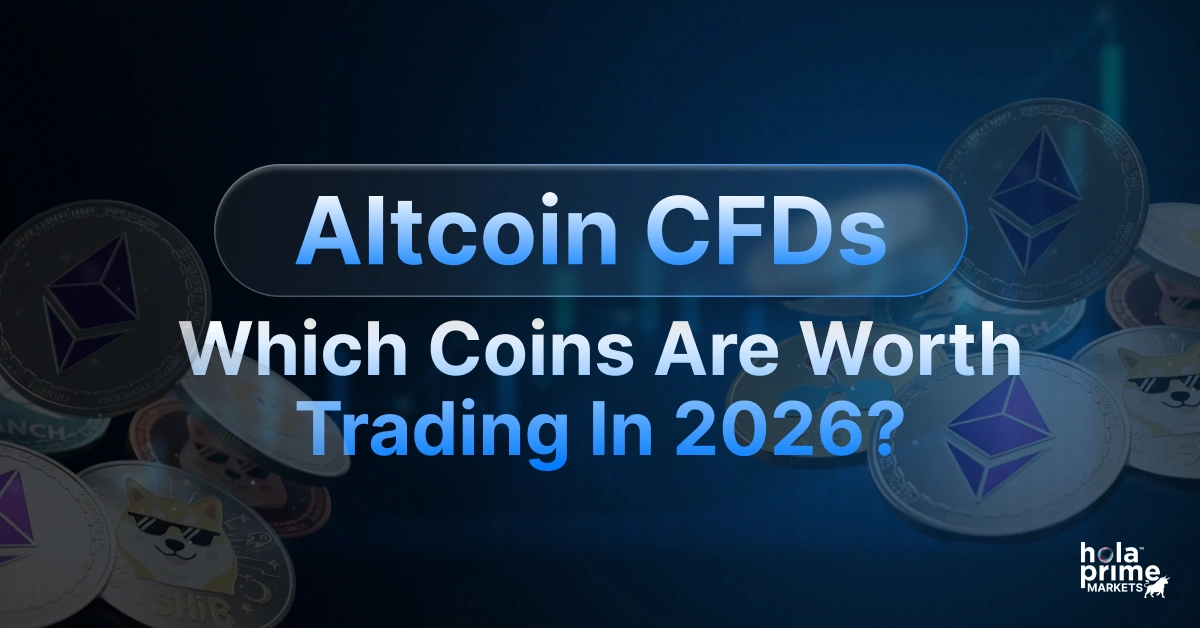 Infographic with title, Altcoin CFDs: Which Coins Are Worth Trading in 2026?